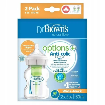 Dr Browns Options+, пляшечка проти кольок, широке горлечко, з соскою, 2 x 150 мл: ціни та характеристики