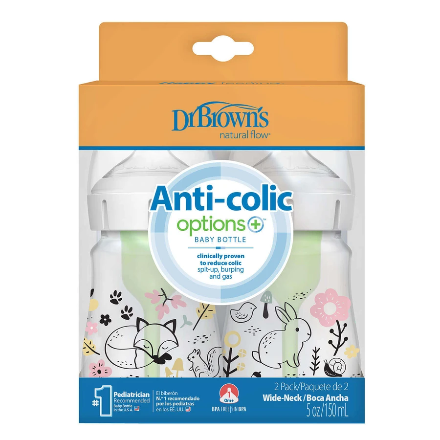 Dr Brown Anti-colic Options+, антиколиковая бутылочка, с широким горлышком, лес, 2 x 150 мл: цены и характеристики