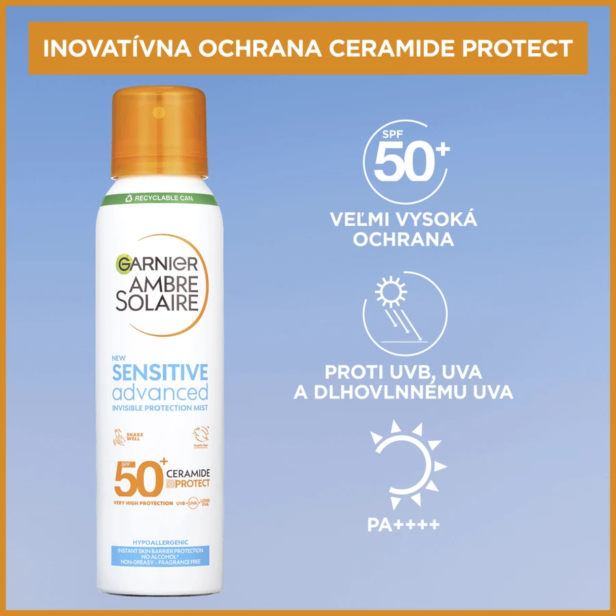 Garnier Ambre Solaire Sensitive Advanced Protective Mist, надвисокий захист, для світлочутливої шкіри, SPF 50+, 150 мл: ціни та характеристики