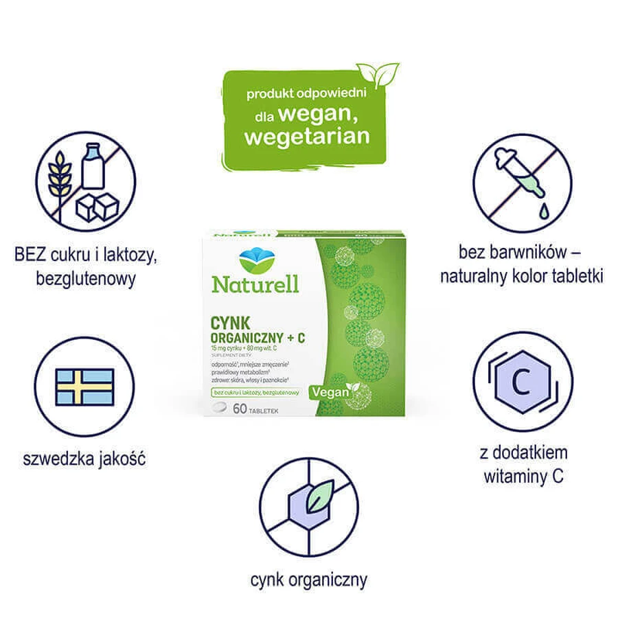 Naturell Organic Zinc + C, 60 таблеток + 40 таблеток безкоштовно ЗАБРУДНЕНА УПАКОВКА: ціни та характеристики
