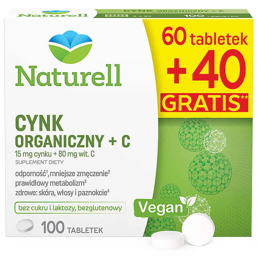 Naturell Organic Zinc + C, 60 таблеток + 40 таблеток безкоштовно ЗАБРУДНЕНА УПАКОВКА: ціни та характеристики