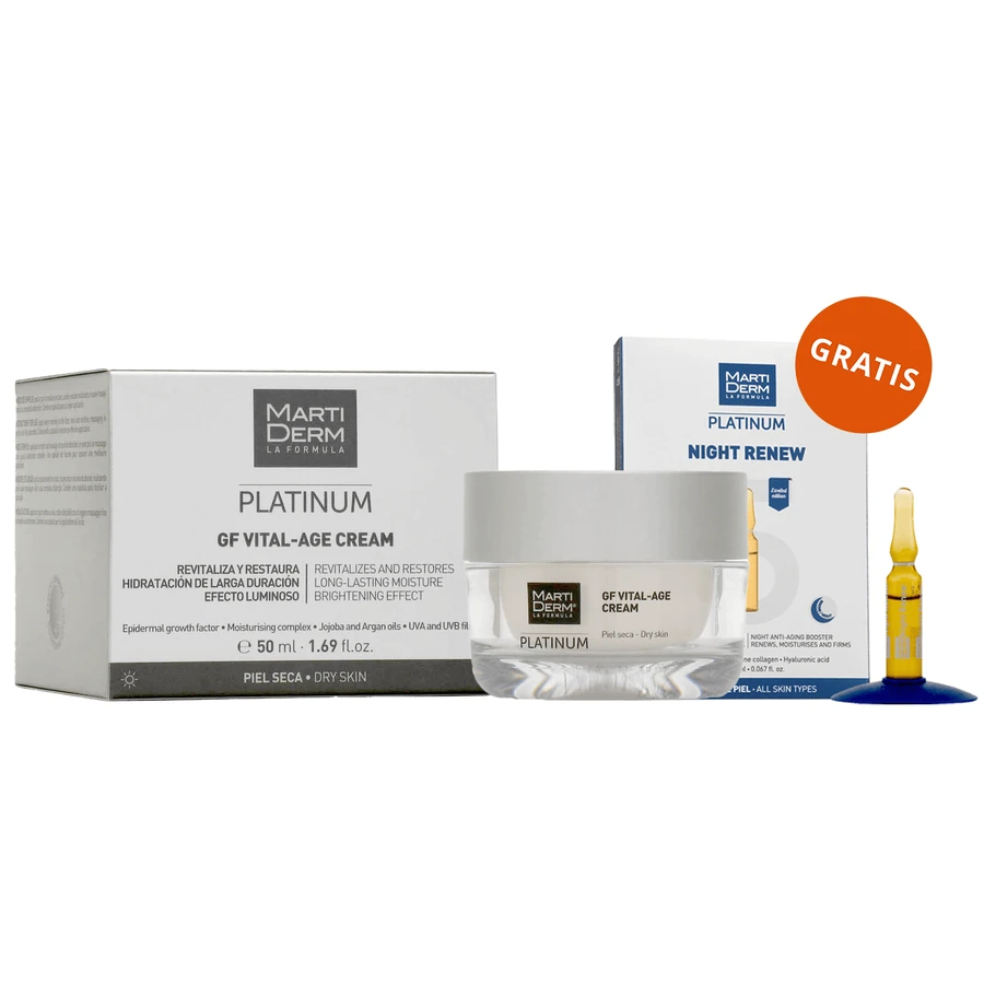 Набір з безкоштовним MartiDerm Platinum GF Vital Age Cream, кремом для сухої шкіри, 50 мл + Night Renew, нічним бустером, 2 мл х 5 ампул: ціни та характеристики