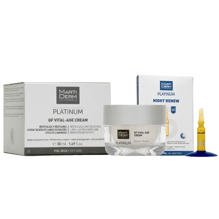 Набір з безкоштовним MartiDerm Platinum GF Vital Age Cream, кремом для сухої шкіри, 50 мл + Night Renew, нічним бустером, 2 мл х 5 ампул: ціни та характеристики