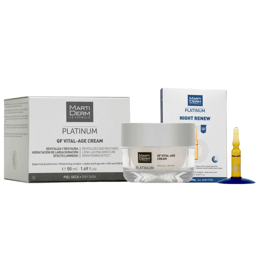 Набір з безкоштовним MartiDerm Platinum GF Vital Age Cream, кремом для сухої шкіри, 50 мл + Night Renew, нічним бустером, 2 мл х 5 ампул: ціни та характеристики