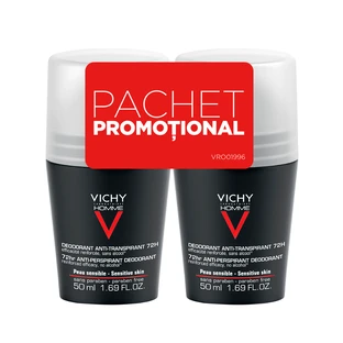 Vichy Homme Антиперспірант-золотистий дезодорант роликовий  екстремальний контроль на 72 години, 50 мл + 50 мл, Vichy Homme
