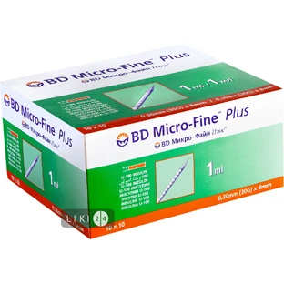 Шприц инъекционный инсулиновый одноразового применения bd micro-fine plus U-100 1 мл, с иглой 0,3 мм (30 G) х 8 мм №100
