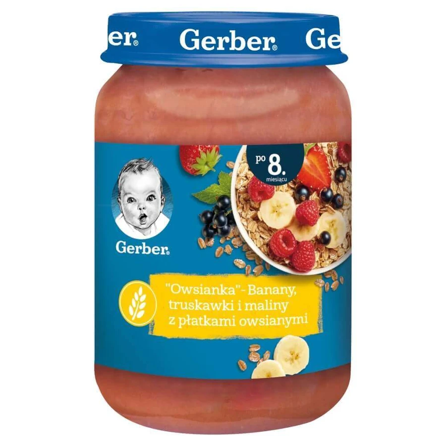 Пюре Gerber банан, полуниця, малина та вівсяні пластівці, після 8 місяців, 190 г: ціни та характеристики