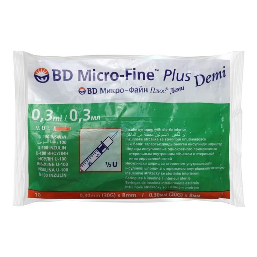 Шприц инсулиновый BD Micro-Fine Plus Demi U-100 с иголкой 30G 0.30 x 8.0 мм 0.3 мл 10 шт: цены и характеристики