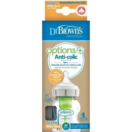 Dr.BROWN´S DOG FAA OPTIONS+ 150 мл 1×1 шт, с широким горлышком, 0M+, антиколиковый, стекло, белый: цены и характеристики