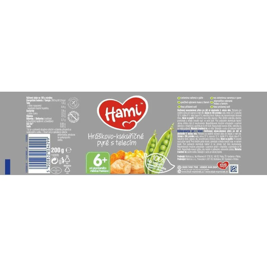 Hami Мясное и овощное пюре Горохово-кукурузное пюре с мясом теленка 200 г: цены и характеристики