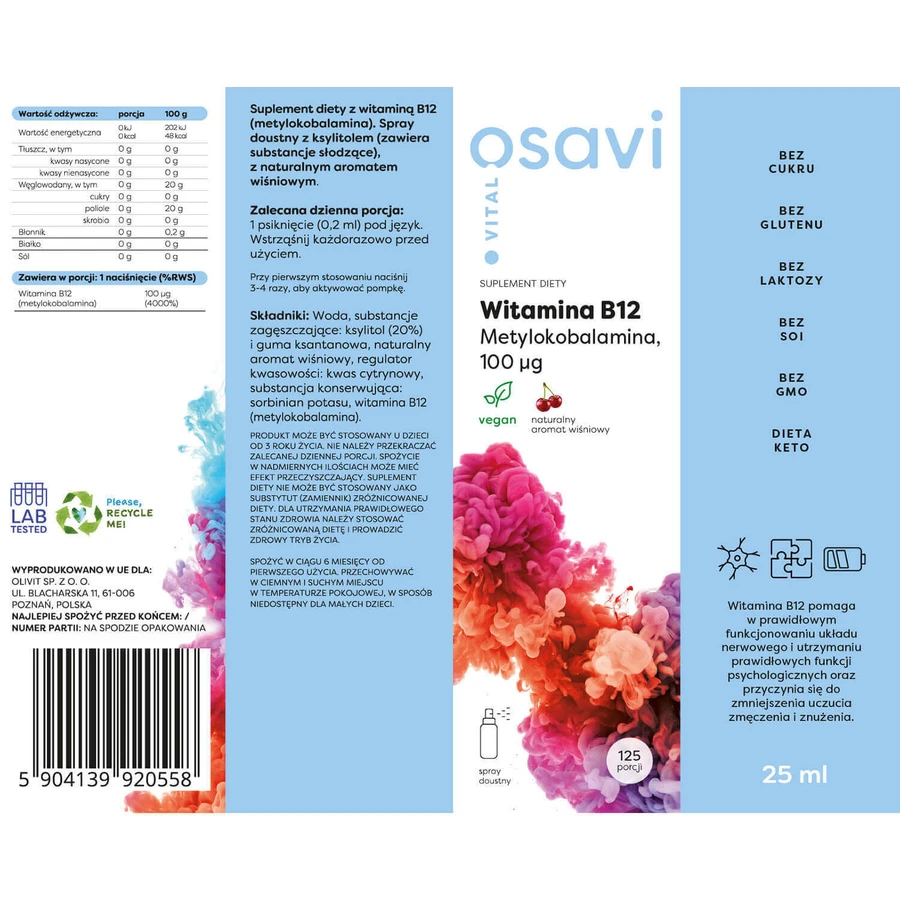 Osavi Vital Вітамін В12, метилкобаламін 100 мкг, спрей для ротової порожнини, зі смаком вина, 25 мл: ціни та характеристики