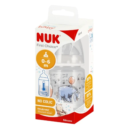 NUK First Choice+ Вінні-Пух, пляшечка з силіконовою соскою M, Osioek, попелясто-сіра, 0-6 місяців, 150 мл: ціни та характеристики