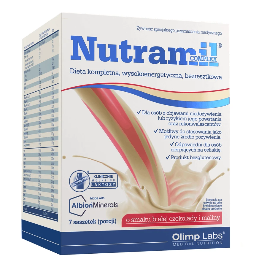 Olimp Nutramil Complex, поживний препарат, білий шоколад зі смаком малини, 72 г х 7 пакетиків: ціни та характеристики