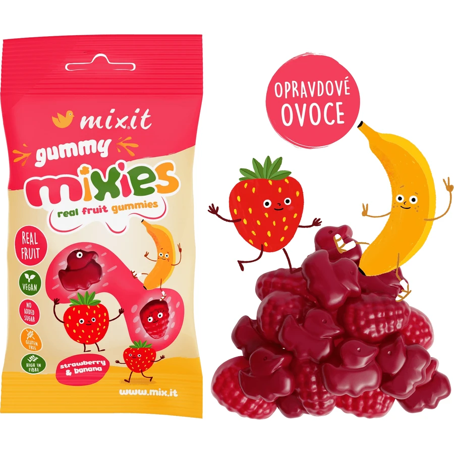Mixit Gummy Mixies - Полуниця та банан, натуральна льодяникова цукерка 35 г: ціни та характеристики