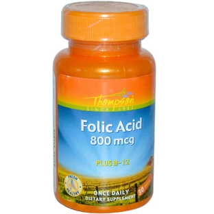 Фолієва кислота В12, Folic Acid Plus B-12, Thompson, 800 мкг, 30 таблетки
