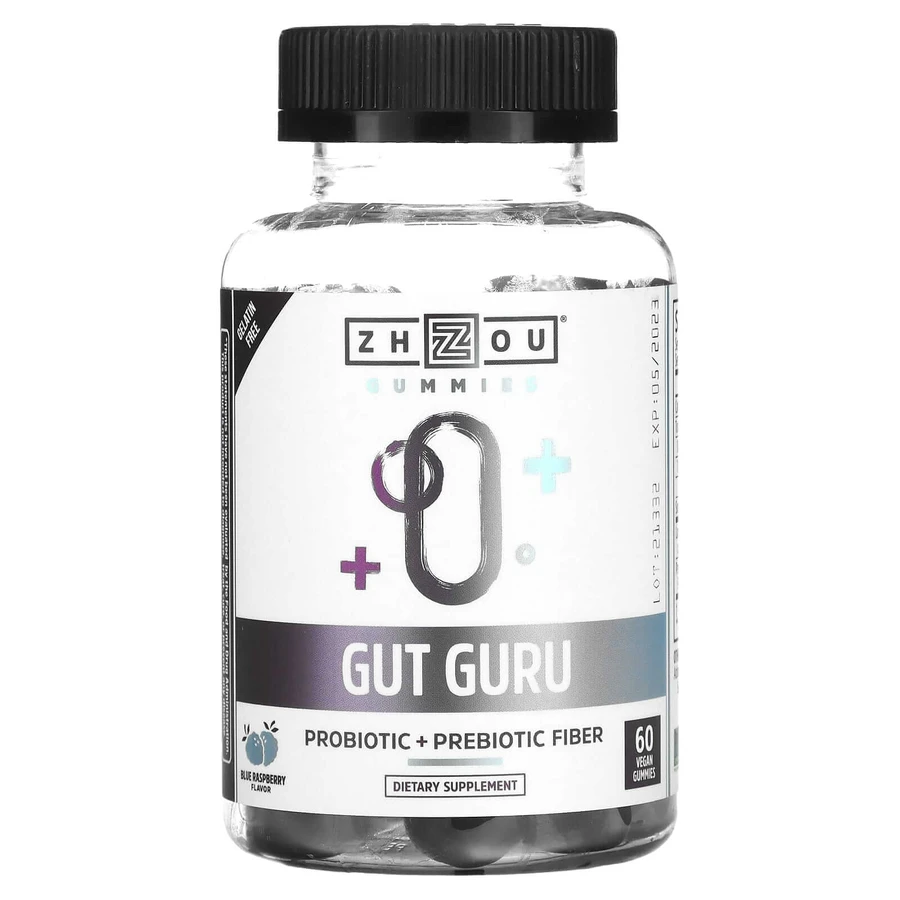 Пробіотик + пребіотична клітковина, Gut Guru, Zhou Nutrition, смак блакитної малини, 60 веганських жувальних цукерок: ціни та характеристики
