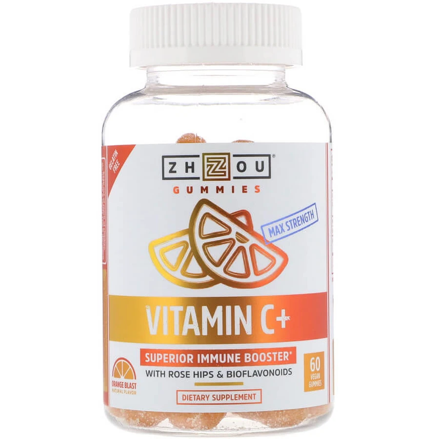 Вітамін С, Vitamin C +, Zhou Nutrition, смак апельсина, 60 жувальних цукерок: ціни та характеристики