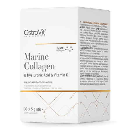 Морской коллаген + Гиалуроновая кислота + Витамин С OstroVit Marine Collagen + Hyaluronic Acid + Vitamin, со вкусом кокоса и персика, порошок 5 г, 30 пакетиков: цены и характеристики