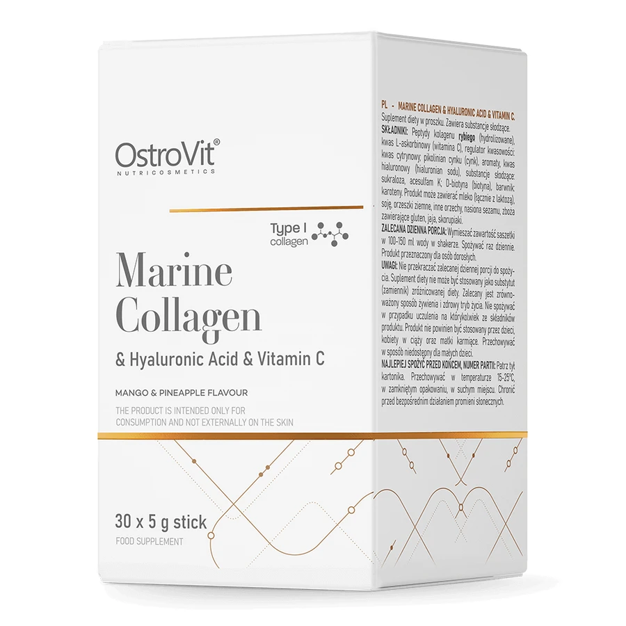 Морской коллаген + Гиалуроновая кислота + Витамин С OstroVit Marine Collagen + Hyaluronic Acid + Vitamin, со вкусом кокоса и персика, порошок 5 г, 30 пакетиков: цены и характеристики