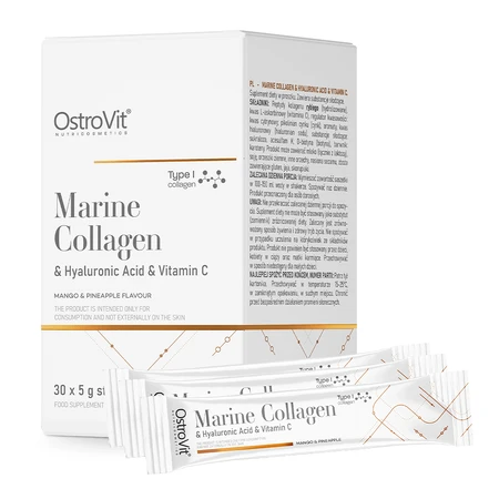 Морской коллаген + Гиалуроновая кислота + Витамин С OstroVit Marine Collagen + Hyaluronic Acid + Vitamin, со вкусом кокоса и персика, порошок 5 г, 30 пакетиков: цены и характеристики