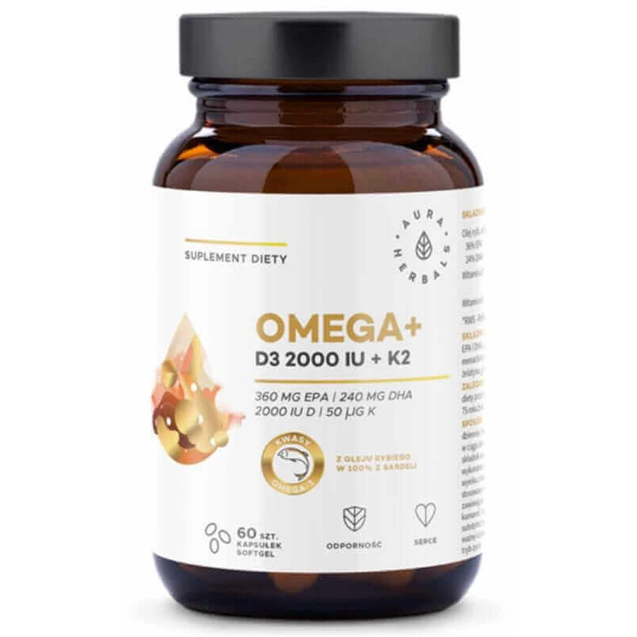 Омега + D3 2000 МО + К2 Aura Herbals Omega + D3 2000 МО + K2, 60 м'яких капсул: ціни та характеристики