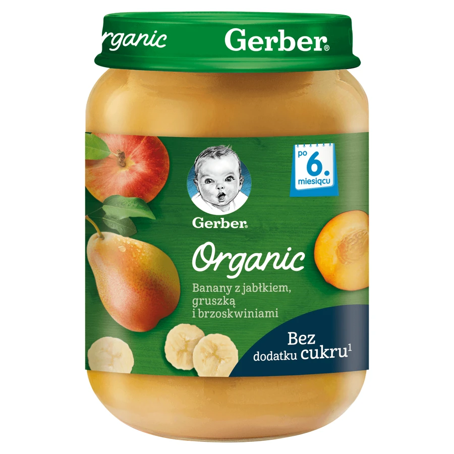 Gerber Органічний десерт, банан з яблуком, грушею та персиком, після 6 місяців, 190 г: ціни та характеристики