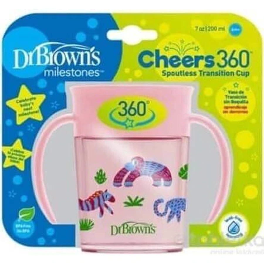 Кружка DR.BROWNS CHEERS 360° JUNGLE 6M+ рожева 1×200 мл, п'є без крапель та проливання: ціни та характеристики