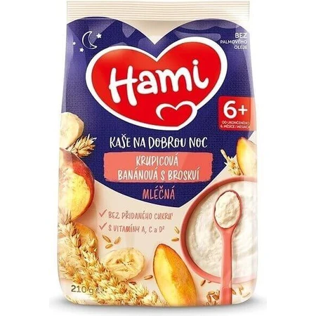 HAMI Mliena kaa манная каша банановая с персиком 1×210 г, манная каа: цены и характеристики