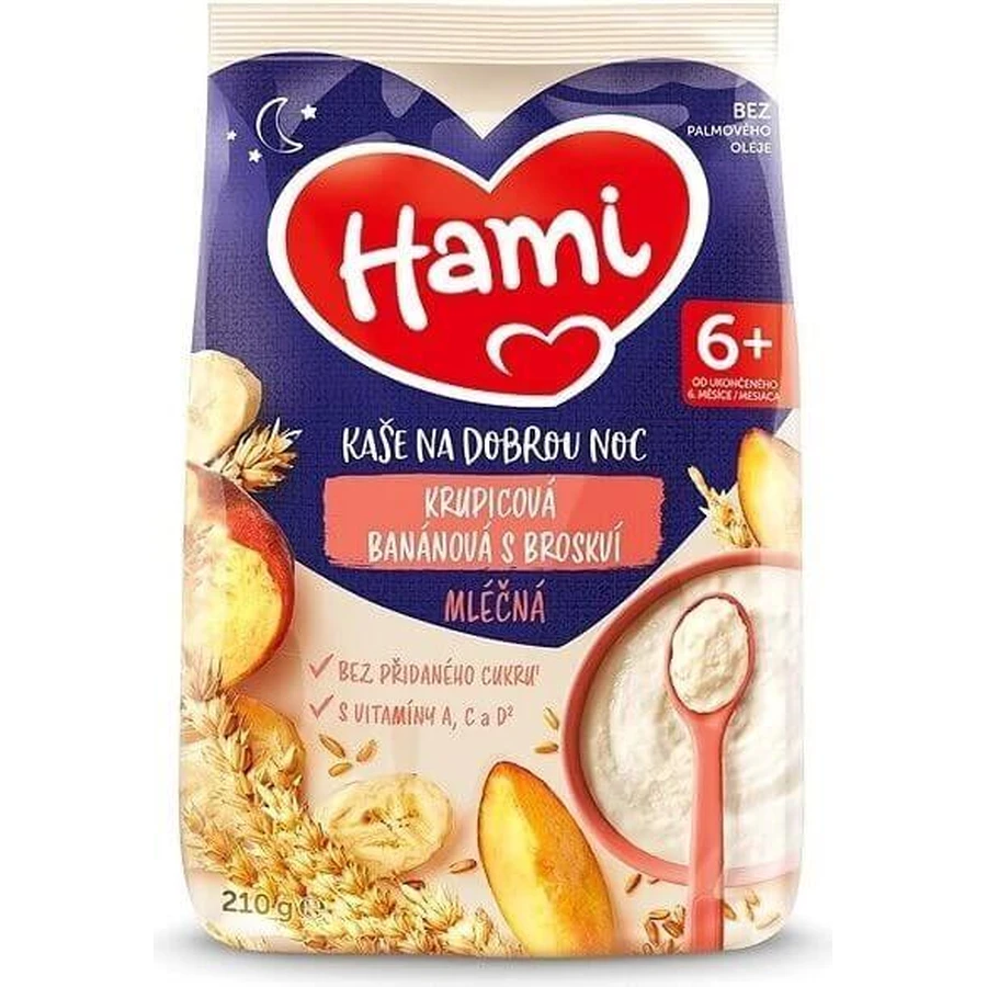 HAMI Mliena kaa манная каша банановая с персиком 1×210 г, манная каа: цены и характеристики
