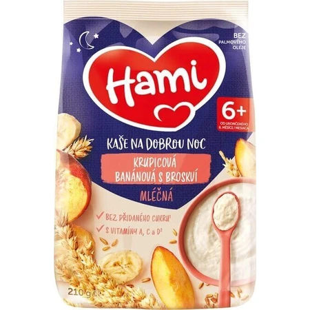 HAMI Mliena kaa манная каша банановая с персиком 1×210 г, манная каа: цены и характеристики