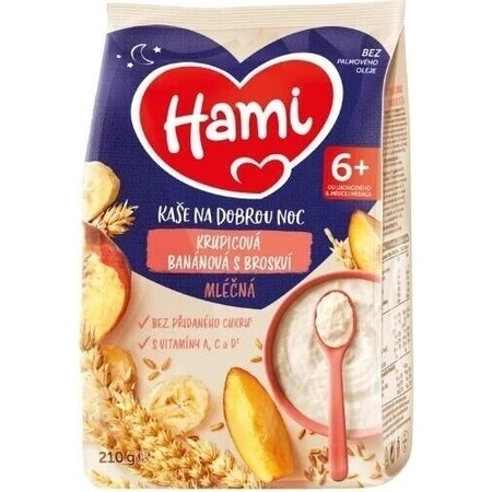 HAMI Mliena kaa манная каша банановая с персиком 1×210 г, манная каа: цены и характеристики