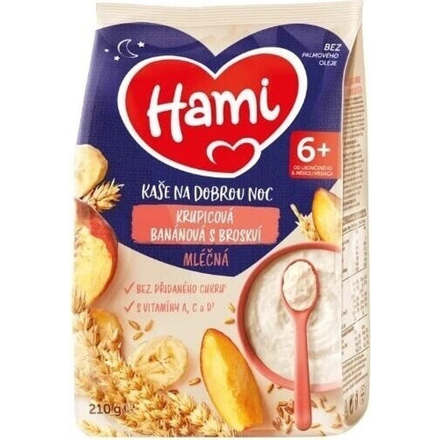 HAMI Mliena kaa манная каша банановая с персиком 1×210 г, манная каа: цены и характеристики