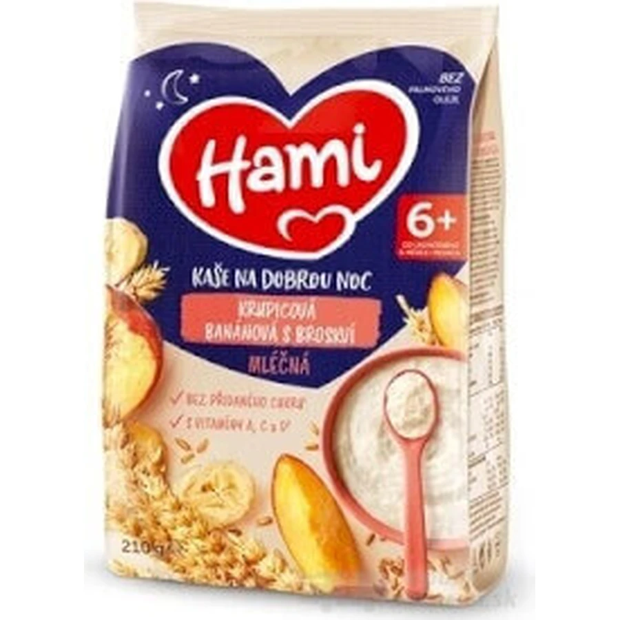 HAMI Mliena kaa манная каша банановая с персиком 1×210 г, манная каа: цены и характеристики