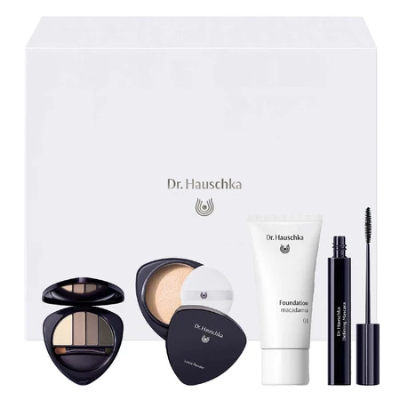 Набор Dr. Hauschka Every day beauty kit, палитра теней для век и бровей, 5,3 г + тональная основа для лица, 30 мл + рассыпчатая пудра прозрачная, 12 г + тушь для ресниц черная, 6 мл: цены и характеристики