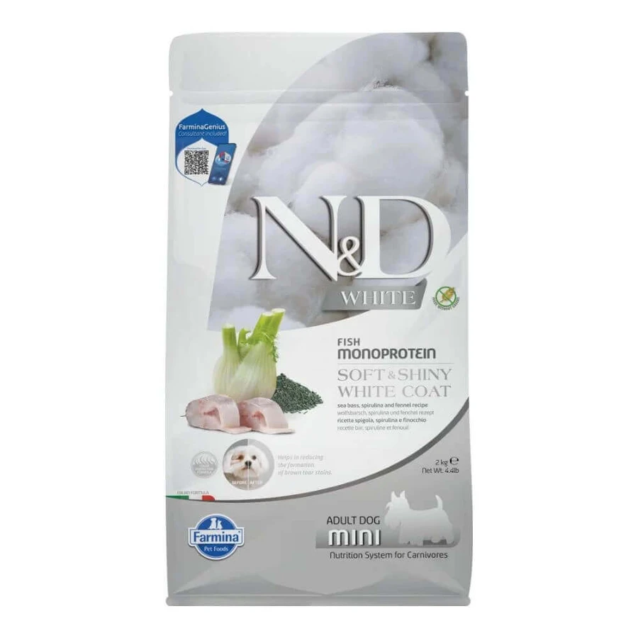 Сухий корм з окунем, фенхелем та спіруліною для собак N&D White Mini Adult, 2000 г, Farmina: ціни та характеристики