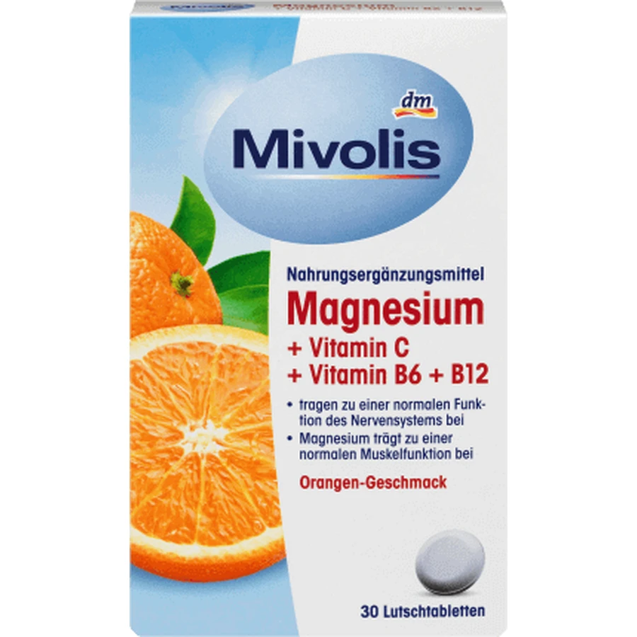 Магний + Витамин С+ Витамины В6 и В12 Mivolis Magnesium + Vitamin С + Vitamin В6 + В12 пастилки со вкусом апельсина, 30 шт.: цены и характеристики