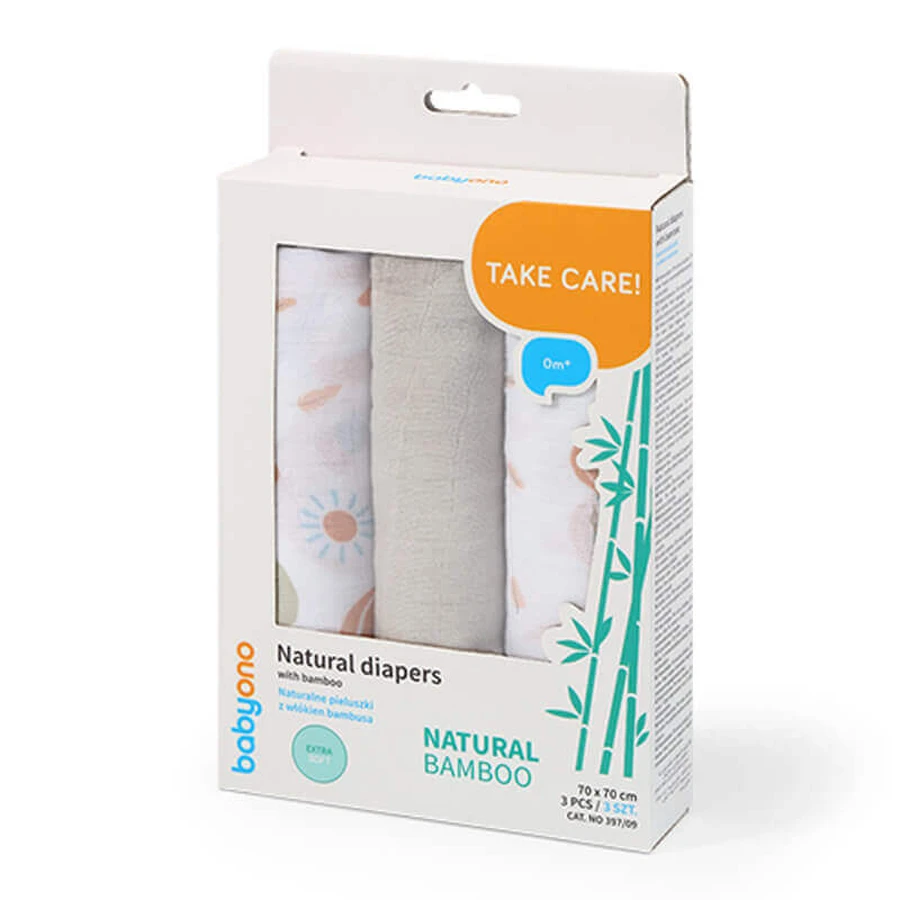 BabyOno Natural Bamboo, натуральні пелюшки з бамбуковими волокнами, 70 x 70 см, бамбукові, кольорові, 3 штуки: ціни та характеристики