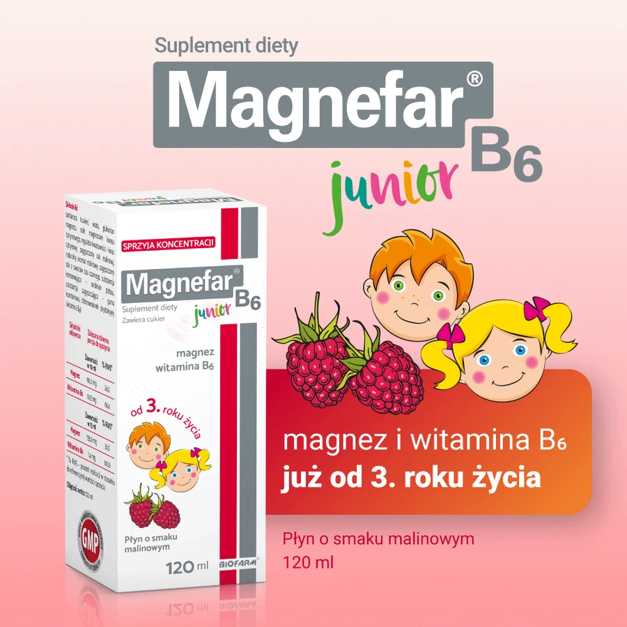 Магнефар B6 Юніор Biofarm Magnefar B6 Junior для дітей з 3 років, малиновий смак, 120 мл: ціни та характеристики