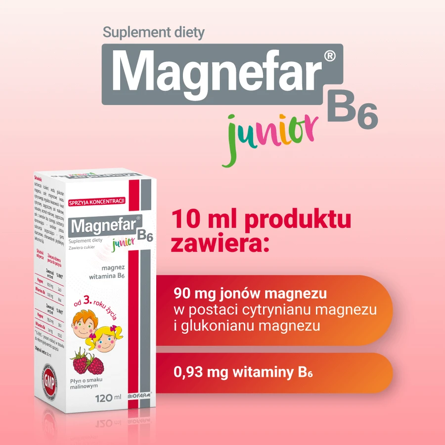 Магнефар B6 Юніор Biofarm Magnefar B6 Junior для дітей з 3 років, малиновий смак, 120 мл: ціни та характеристики