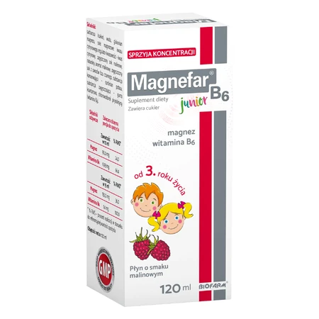 Магнефар B6 Юніор Biofarm Magnefar B6 Junior для дітей з 3 років, малиновий смак, 120 мл: ціни та характеристики
