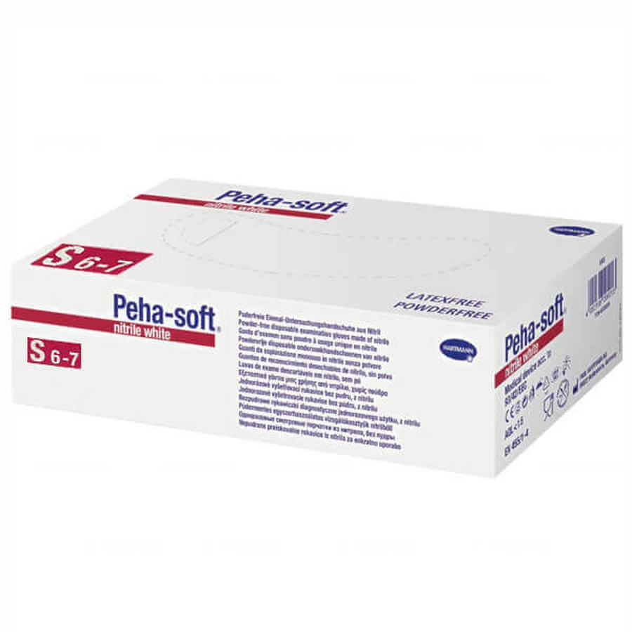 Peha-soft nitrile, нитриловые перчатки, непрозрачные, неопудренные, белые, размер S, 100 штук: цены и характеристики