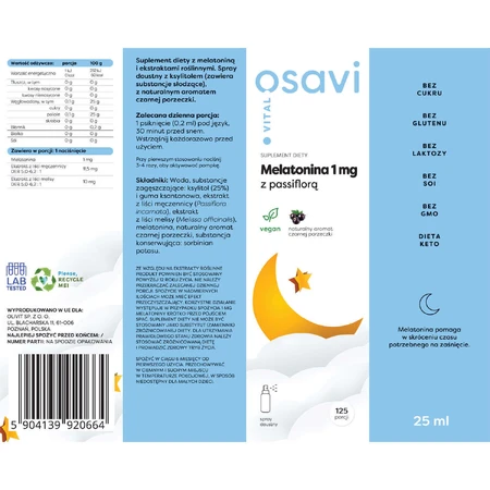 Osavi Vital Мелатонін 1 мг з пасифлором, спрей для ротової порожнини, зі смаком чорної смородини, 25 мл: ціни та характеристики