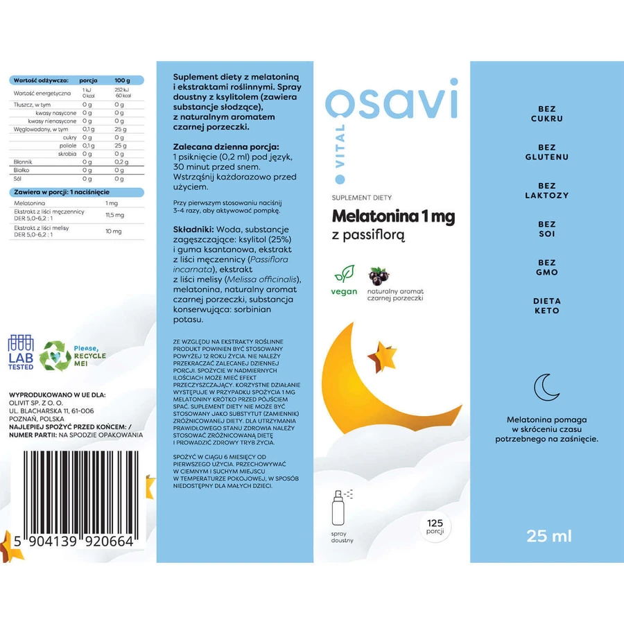 Osavi Vital Мелатонін 1 мг з пасифлором, спрей для ротової порожнини, зі смаком чорної смородини, 25 мл: ціни та характеристики