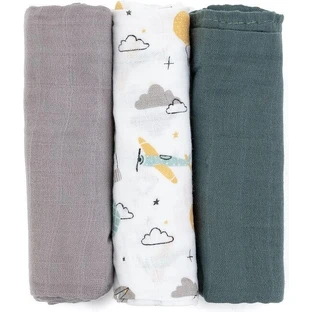 PETITE&MARS Набор подгузников из бамбукового мулине 3шт Moussy Grey Planes, 68 x 68 см 1×3 шт, набор подгузников
