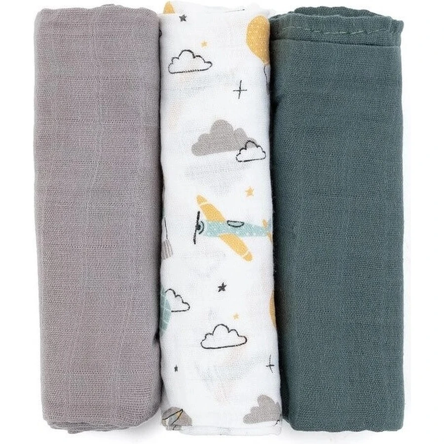 PETITE&MARS Набор подгузников из бамбукового мулине 3шт Moussy Grey Planes, 68 x 68 см 1×3 шт, набор подгузников: цены и характеристики