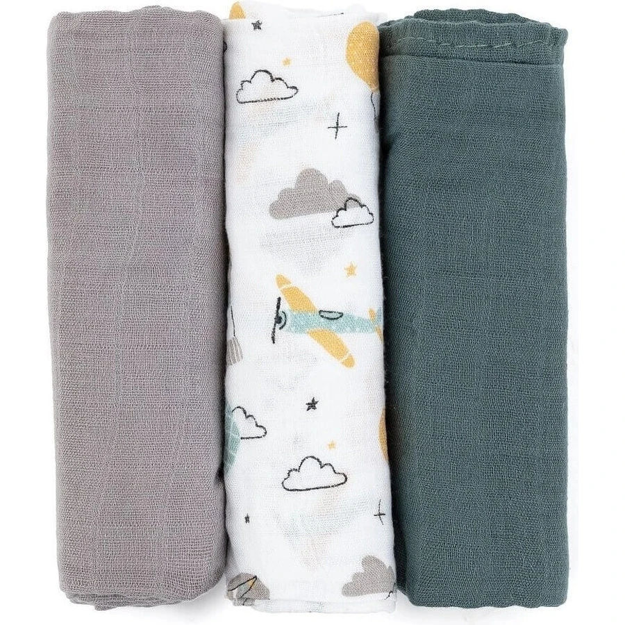 PETITE&MARS Набор подгузников из бамбукового мулине 3шт Moussy Grey Planes, 68 x 68 см 1×3 шт, набор подгузников: цены и характеристики