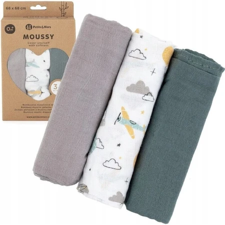 PETITE&MARS Набор подгузников из бамбукового мулине 3шт Moussy Grey Planes, 68 x 68 см 1×3 шт, набор подгузников: цены и характеристики