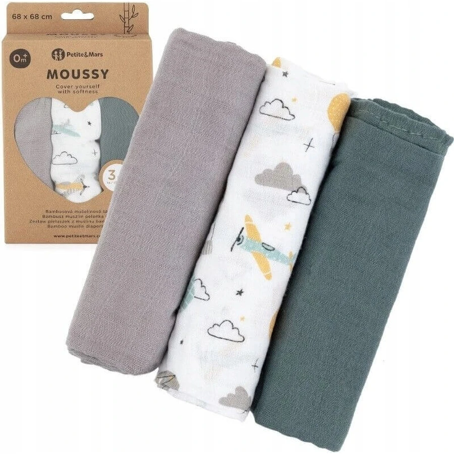 PETITE&MARS Набор подгузников из бамбукового мулине 3шт Moussy Grey Planes, 68 x 68 см 1×3 шт, набор подгузников: цены и характеристики