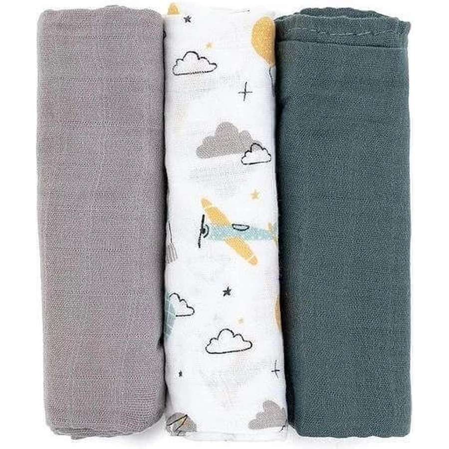 PETITE&MARS Набор подгузников из бамбукового мулине 3шт Moussy Grey Planes, 68 x 68 см 1×3 шт, набор подгузников: цены и характеристики