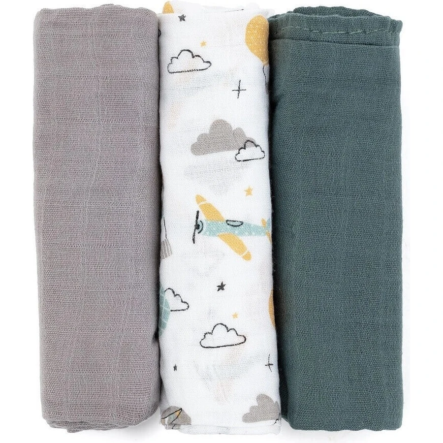 PETITE&MARS Набор подгузников из бамбукового мулине 3шт Moussy Grey Planes, 68 x 68 см 1×3 шт, набор подгузников: цены и характеристики